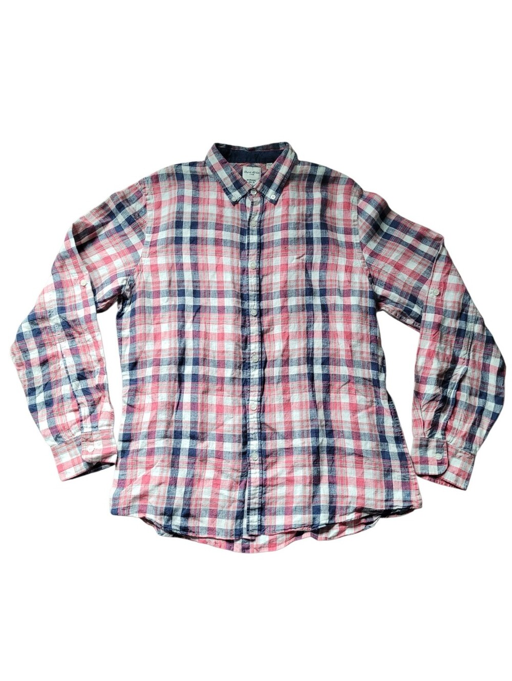 Murano Baird McNutt Linen Men’s Button Down Plaid Shirt Slim Fit Size L